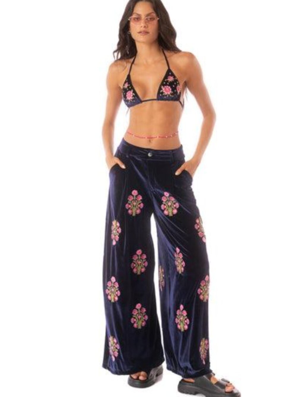 Maaji Bouquet Bliss Stella Velvet Embroidered Wide Leg Pants Navy